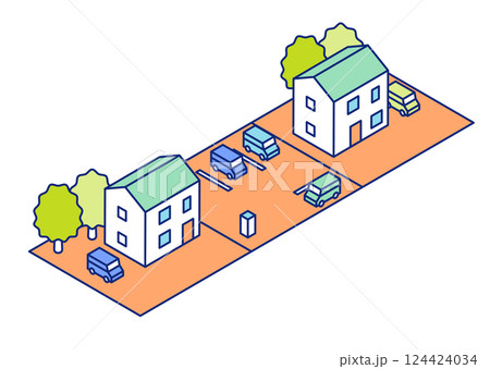 住宅と駐車場のアイソメトリックイラスト。空き地を駐車場として土地を活用しているイラスト。 124424034