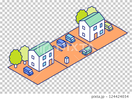 住宅と駐車場のアイソメトリックイラスト。空き地を駐車場として土地を活用しているイラスト。 124424034