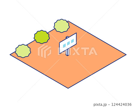 空き地が売却・販売されているイラスト。売り地・住宅地・分譲地・土地販売のアイソメトリックイラスト。 空き地が売却・販売されているイラスト。売り地・住宅地・分譲地・土地販売のアイソメトリックイラスト。 124424036