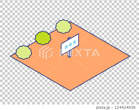 空き地が売却・販売されているイラスト。売り地・住宅地・分譲地・土地販売のアイソメトリックイラスト。 空き地が売却・販売されているイラスト。売り地・住宅地・分譲地・土地販売のアイソメトリックイラスト。 124424036