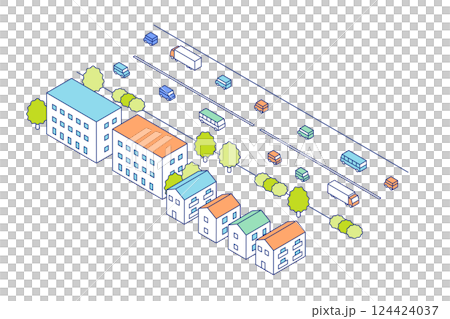 Isometric city and road illustration with busy streets and buildings such as apartments and buildings lining the roads. 124424037