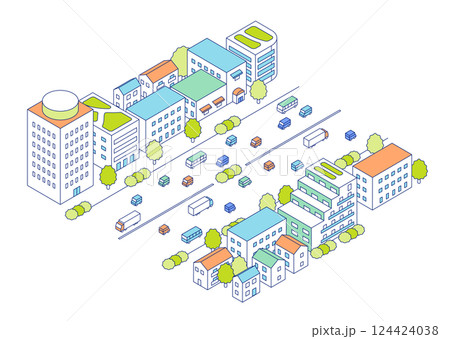 アイソメトリックの街と道路のイラスト。賑やかな通りと道路沿いに立ち並ぶアパートやビルなどの建物。 124424038