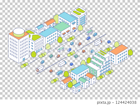 等距城市和道路插圖。道路兩旁林立著繁忙的街道和公寓、辦公室等建築。 124424038