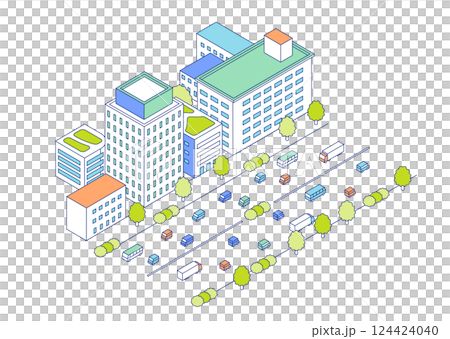 等距城市和道路插圖。道路兩旁林立著繁忙的街道和公寓、辦公室等建築。 等距城市和道路插圖。道路兩旁林立著繁忙的街道和公寓、辦公室等建築。 124424040