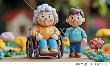 明るい雰囲気の車椅子に乗ったおばあさんと孫の3Dイラスト 124424054