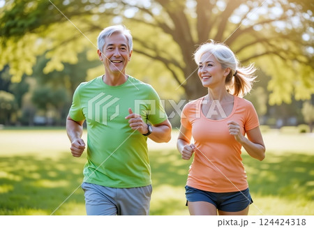 ジョギングするシニア夫婦 124424318