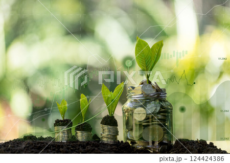 Growing money, finance and investment. Seedling are growing with business arrow of growth. Young plants on coin stacks increase. Concept of economy green growth, profit, development and success. 124424386