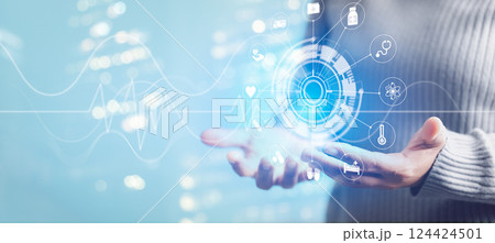 Medicine doctor and hand touching icon medical network connection with modern virtual screen interface, medical health and life insurance business, medical technology network concept. 124424501