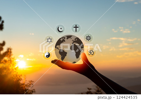 Prophets of all religions bring peace to world. Religious symbols. Christianity cross, Islam crescent, Buddhism dharma wheel, Hinduism aum, Judaism David star, Taoism yin yang, world religion concept. Prophets of all religions bring peace to world. Religious symbols. Christianity cross, Islam crescent, Buddhism dharma wheel, Hinduism aum, Judaism David star, Taoism yin yang, world religion concept. 124424535