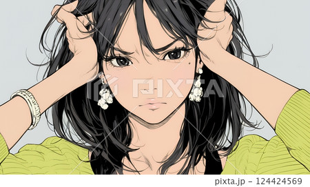 イライラした表情で口をとがらせて舌打ちをしている若い女性