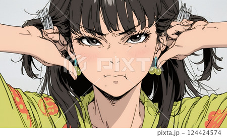 イライラした表情で口をとがらせて舌打ちをしている若い女性
