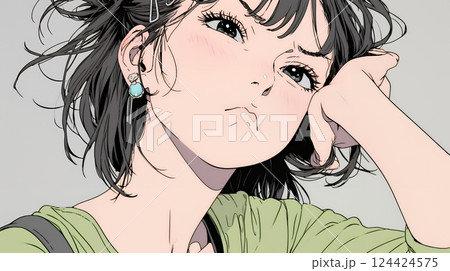 イライラした表情で口をとがらせて舌打ちをしている若い女性