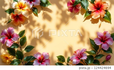 A beautiful display of Colorful Hibiscus Flowers vividly set against a bright Yellow Background A beautiful display of Colorful Hibiscus Flowers vividly set against a bright Yellow Background 124424694