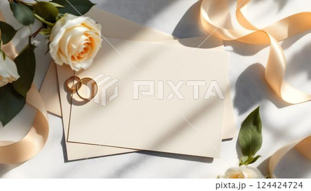 Elegant Wedding Rings Featuring Beautiful Floral Decorations Accompanied by Blank Cards Elegant Wedding Rings Featuring Beautiful Floral Decorations Accompanied by Blank Cards 124424724
