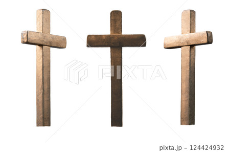 Crucifix on white background. Crucified Jesus Christ, Wooden cross isolated on white background. Christian cross made from natural wood material. Crucifix on white background. Crucified Jesus Christ, Wooden cross isolated on white background. Christian cross made from natural wood material. 124424932