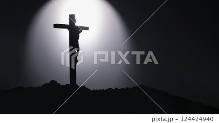 Jesus Christ cross religion symbol. Church Cross on a hill top in Silhouette. Black and white cross symbol for christian, resurrection and Jesus Christ. Jesus Christ cross religion symbol. Church Cross on a hill top in Silhouette. Black and white cross symbol for christian, resurrection and Jesus Christ. 124424940