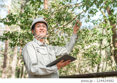 公園・森林で樹木をチェックする作業着姿の林業の男性 124424982