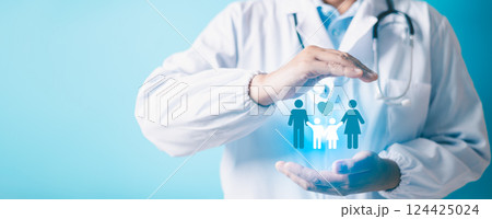 Health, medical and life insurance for the whole family concept. Practitioner doctor with protective gesture and icon of family. family home, foster care, world mental health day, Autism support. Health, medical and life insurance for the whole family concept. Practitioner doctor with protective gesture and icon of family. family home, foster care, world mental health day, Autism support. 124425024