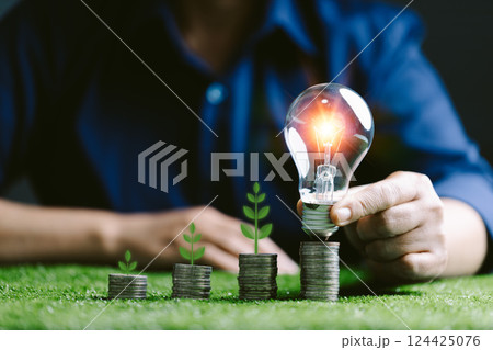 Financial business growth sustainable energy concept. Finance sustainable development. Investing in renewable energy. Showing financial developments and business growth with growing tree on coin. 124425076