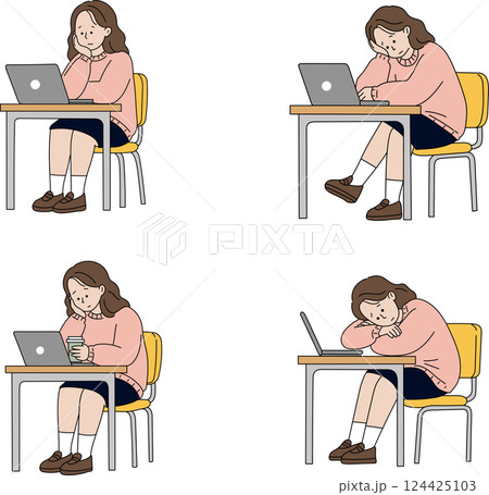 パソコン作業に悩む女子大学生 124425103
