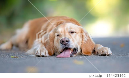 暑さにぐったりと横たわるゴールデンレトリバー 暑さにぐったりと横たわるゴールデンレトリバー 124425162