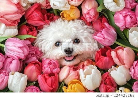 色とりどりのチューリップに囲まれた笑顔の白い犬 色とりどりのチューリップに囲まれた笑顔の白い犬 124425168