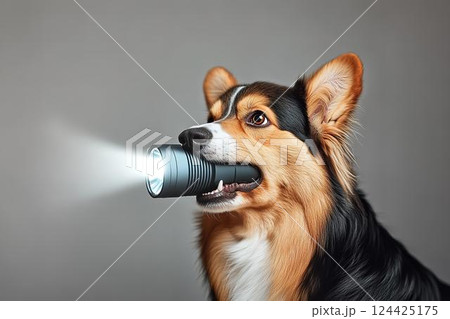 懐中電灯をくわえて照らすコーギーの横顔 懐中電灯をくわえて照らすコーギーの横顔 124425175