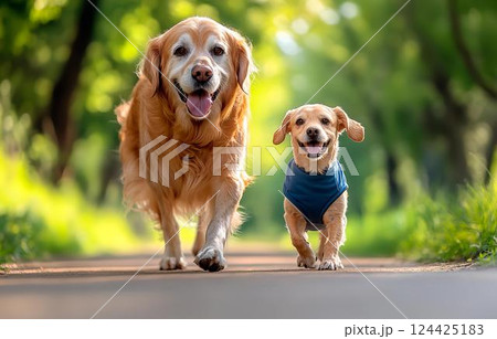 仲良く並んで森の道を散歩するゴールデンと小型犬 124425183