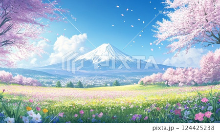 富士と桜の絶景 124425238