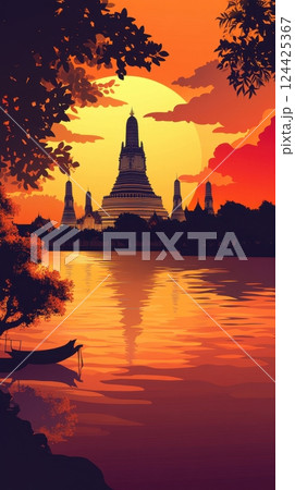 Thai silhouette background featuring Wat Arun and palm trees with a warm gradient sky Thai silhouette background featuring Wat Arun and palm trees with a warm gradient sky 124425367