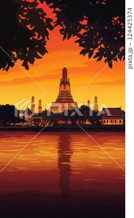 Thai silhouette background featuring Wat Arun and palm trees with a warm gradient sky 124425374
