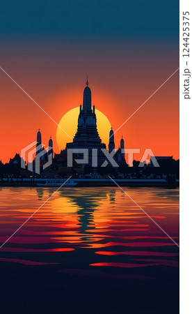 Thai silhouette background featuring Wat Arun and palm trees with a warm gradient sky Thai silhouette background featuring Wat Arun and palm trees with a warm gradient sky 124425375