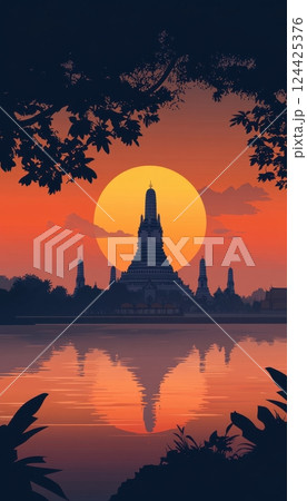 Thai silhouette background featuring Wat Arun and palm trees with a warm gradient sky 124425376