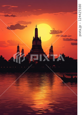 Thai silhouette background featuring Wat Arun and palm trees with a warm gradient sky Thai silhouette background featuring Wat Arun and palm trees with a warm gradient sky 124425380