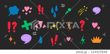 Anime Emotion effect. Doodle manga icons. Idea and exclamation symbol. Pop art clipart. Scribble vector illustration in bright colors 124425648