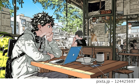 カフェでフリーランスや学生が仕事や勉強をしている