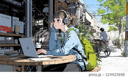 カフェでフリーランスや学生が仕事や勉強をしている