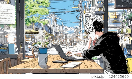 カフェでフリーランスや学生が仕事や勉強をしている