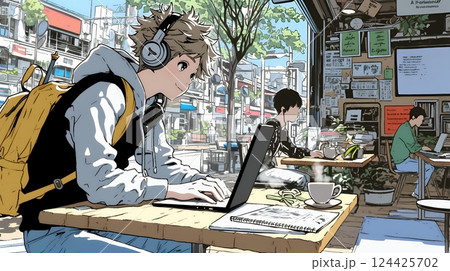 カフェでフリーランスや学生が仕事や勉強をしている