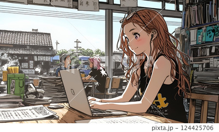 カフェでフリーランスや学生が仕事や勉強をしている