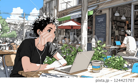 カフェでフリーランスや学生が仕事や勉強をしている