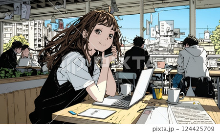カフェでフリーランスや学生が仕事や勉強をしている