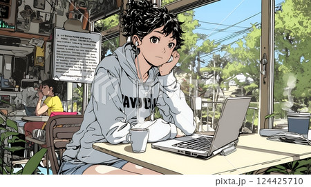 カフェでフリーランスや学生が仕事や勉強をしている
