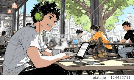 カフェでフリーランスや学生が仕事や勉強をしている
