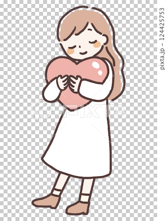 Illustration of a woman hugging a heart - Mental care Illustration of a woman hugging a heart - Mental care 124425753