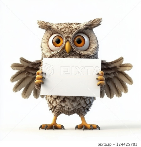 A cartoon owl holding a blank piece of paper 124425783