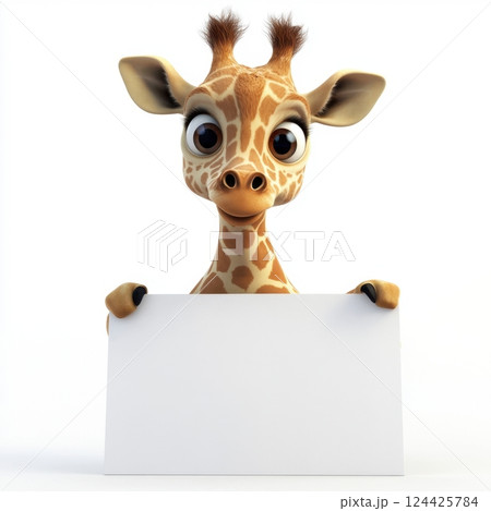 A giraffe is holding a white board 124425784