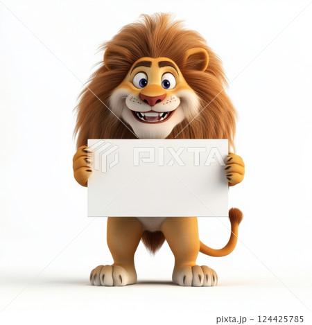 A cartoon lion is holding a white board with a smile on its face 124425785