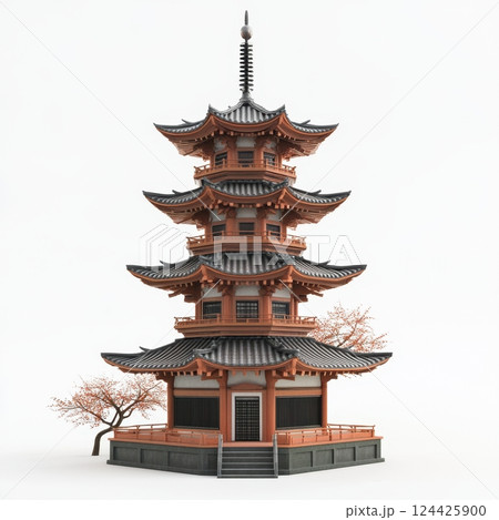 A tall, multi-story building with a red roof and a white background 124425900