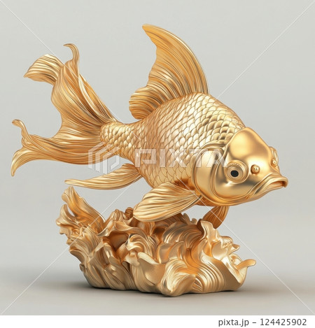 A gold fish statue is sitting on a white surface 124425902